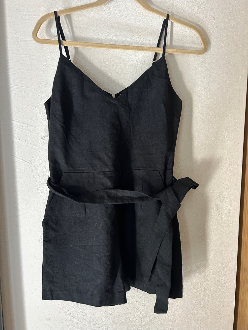 L'AGENCE Black Linen-Blend Spaghetti-Strap Romper with Waist Tie